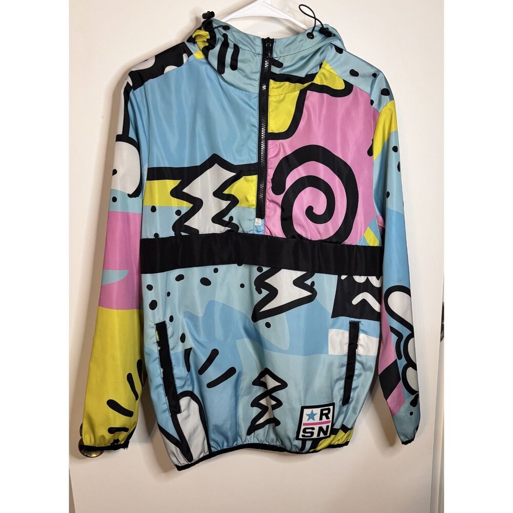Reason NYC Graphic Windbreaker Jacket Small Multicolor Graffiti Pop Art Hooded